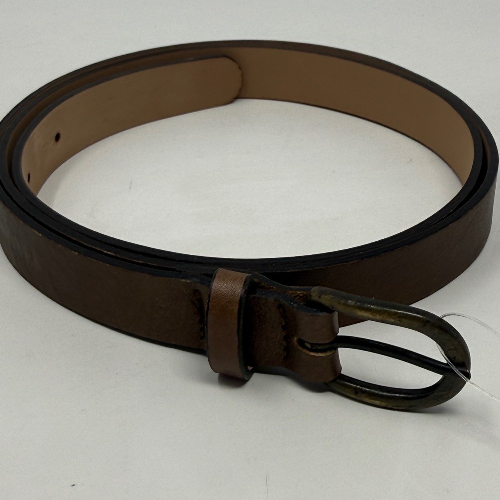 Garnet Hill Brown Leather Belt Made in Italy Slim Bronze Buckle Size M 41311 NEW